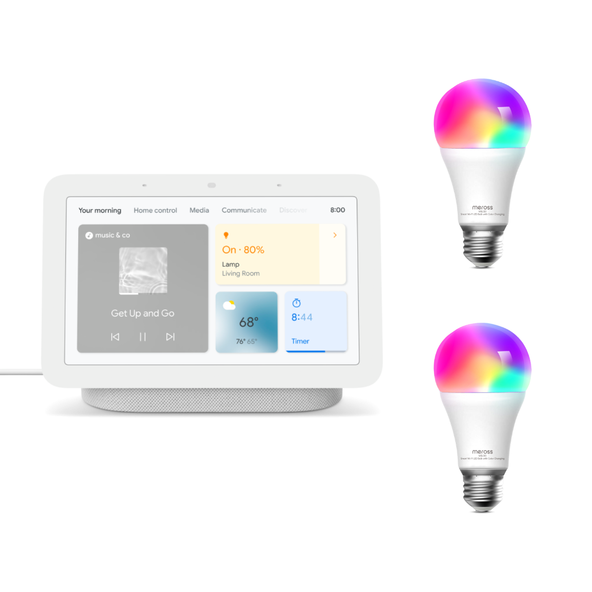 Google Nest Hub + Meross Smart Wifi LED Bulb E27 Color 2-Pack