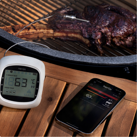 Temperatur mätare i köttbit med mobil för att mäta temperatur. 